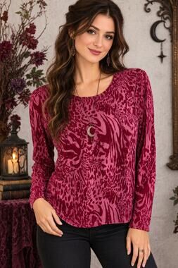 Simply Vera Vera Wang Large Red Burnout Velvet Animal Print Sheer Sleeve Top